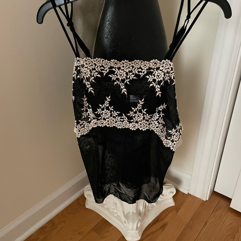 Wacoal Black Sheer Lace Chemise with White Embroidery Accents